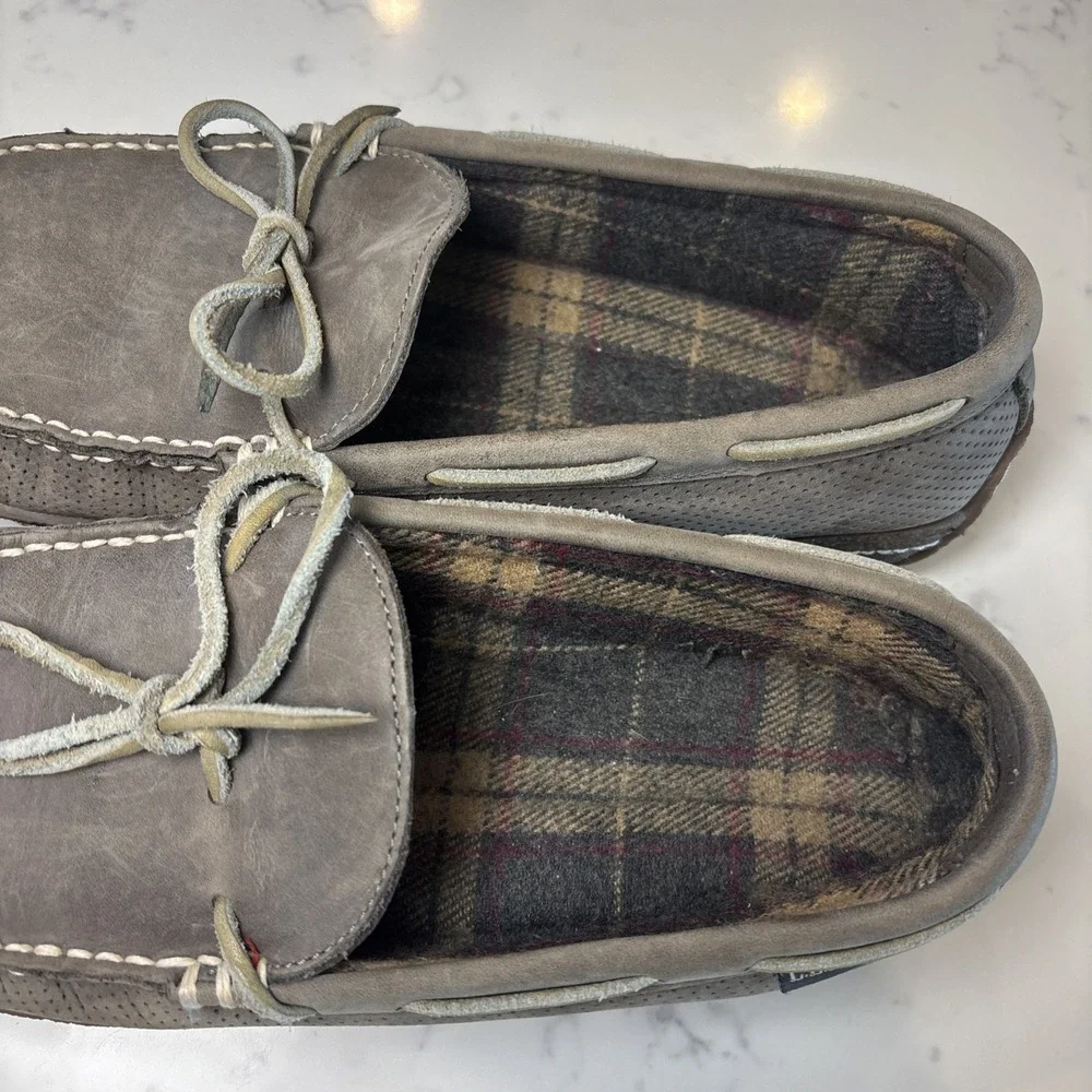 LL Bean Gray Leather SlipOn Flannel Lined‎ Handsewn Slippers Rubber Sole SZ 10M